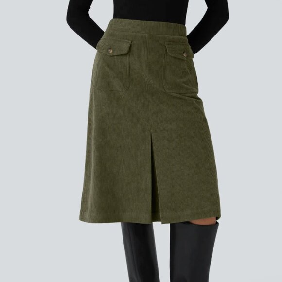 Halara Mid Rise Front Side Flap Pocket Midi Corduroy Casual Skirt - Picture 9 of 10